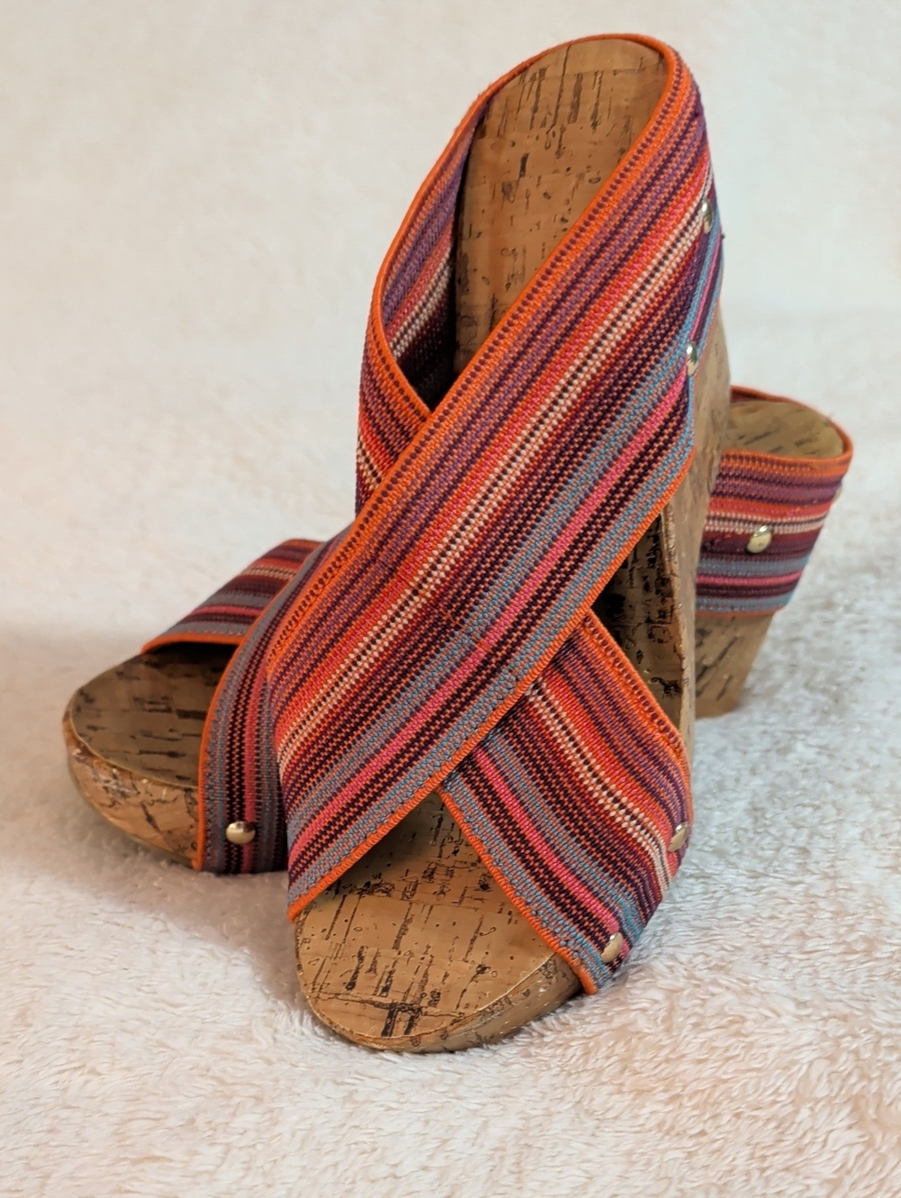 Montego Bay Club Tally Striped Elastic Wedge Cork Sandals - Size 6.5